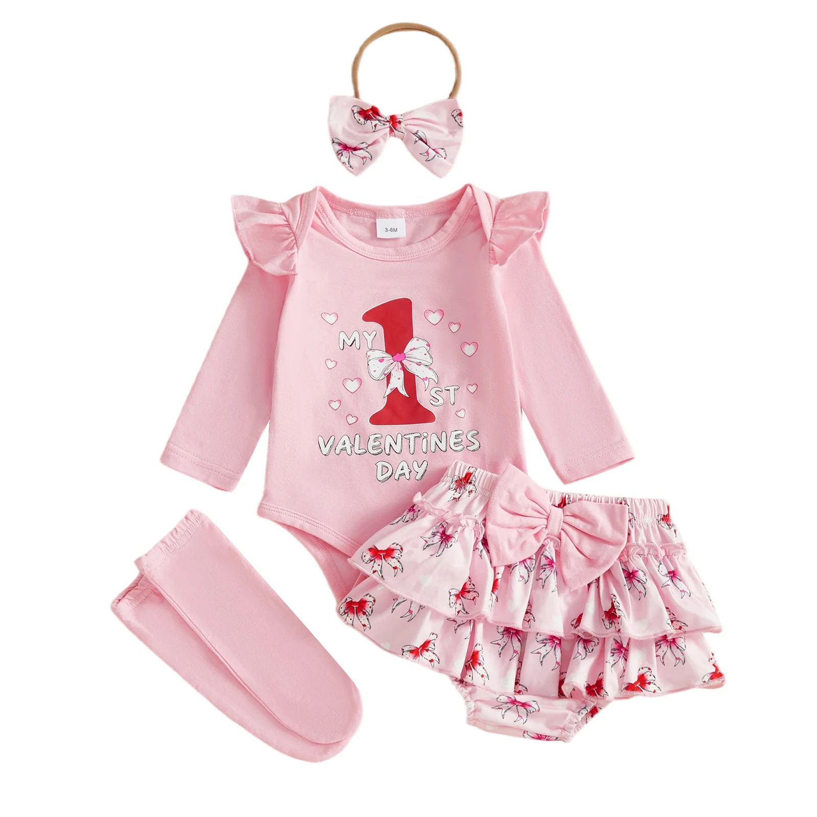 طفل رضيع ملابس عيد الحب الأول رسالة طويلة الأكمام جولة الرقبة رومبير القوس السراويل قبعة الجوارب الطويلة مجموعة