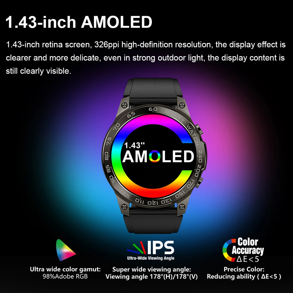 Men NFC AMOLED Smart Watch 400mAh Battery, Blue Tooth Call Waterproof Heart‑Rate Fitness Weather Multi‑sport Wrist‑watch