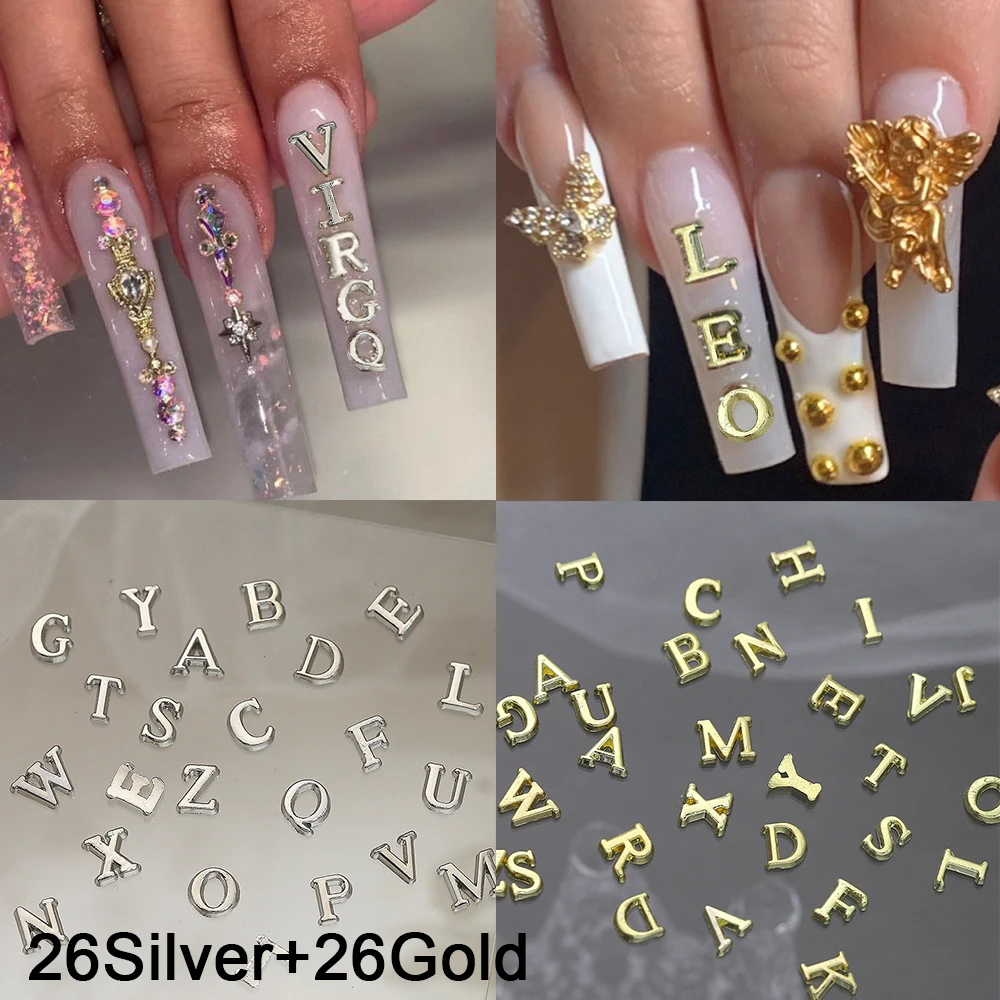 52 Stück einfache Silber Gold A-Z englische Buchstaben Nagel Charms Alphabet Charakter Legierung Nail Art Strass 26 Alphabet DekorationenDIY – Detail 1