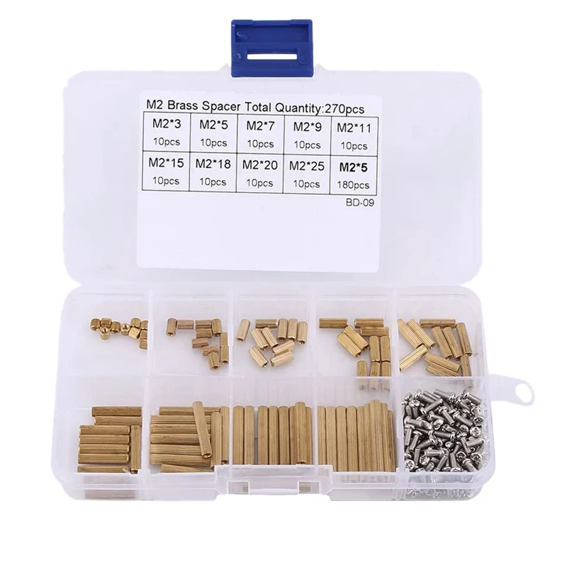 270Pcs M2 Female X Female Hex Brass Standoff With Metal Screws Assortment Kit With Plastic Box