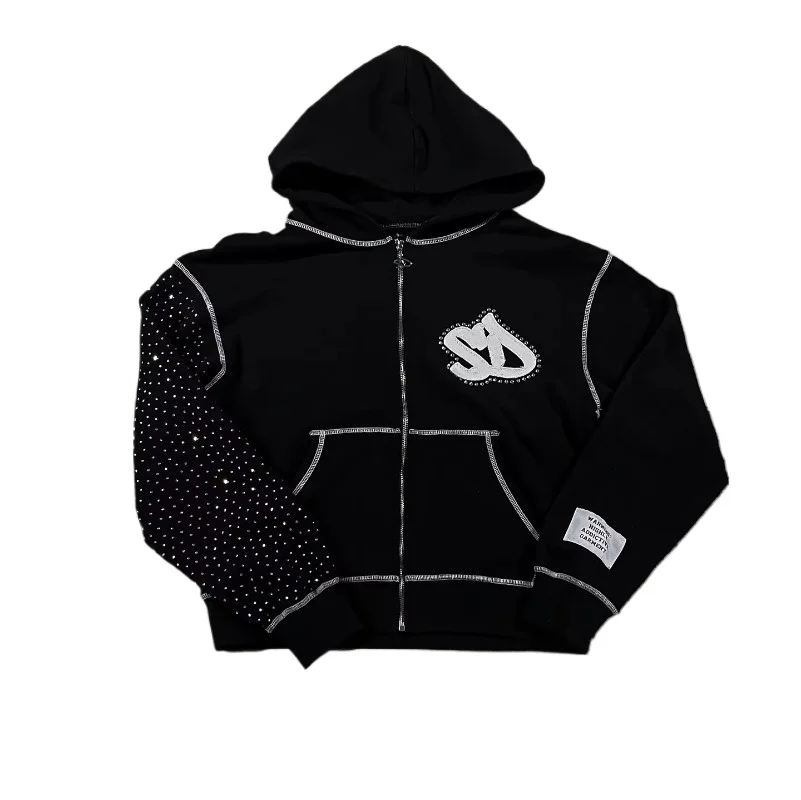 

GELITAYIN American Fashion Trend Joker Zipper Hoodie Women Street Y2K New Hip Hop Fleece Padded Sweatshirt Unisex Casual Loose W
