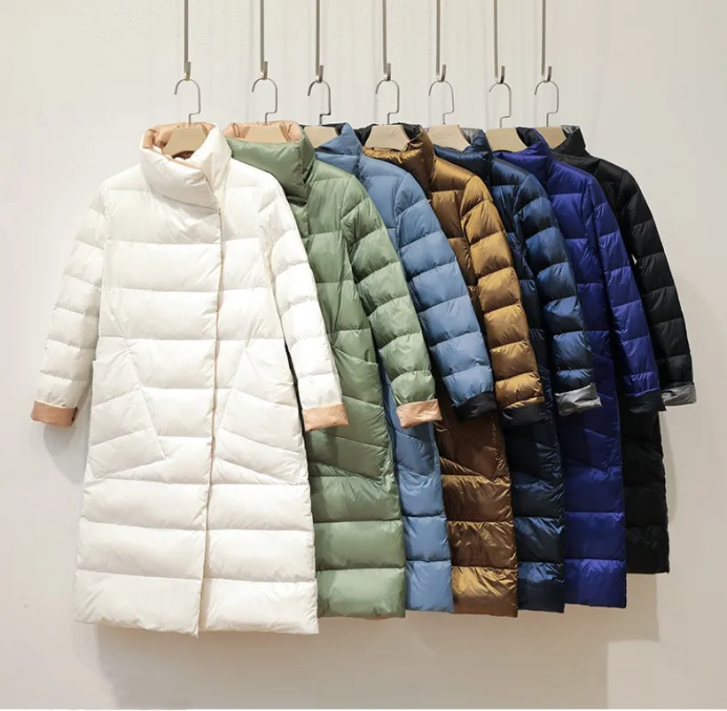 Abrigo de plumón de pato de doble cara para mujer, Chaqueta larga cálida con cuello levantado, de doble botonadura Parka, ropa de exterior, Abrigo