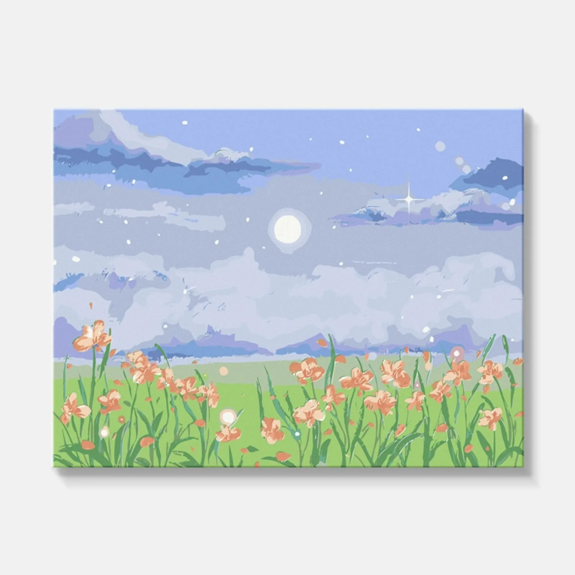 27524-Light Blue Moon Orange Flower Field Canvas Wall Art