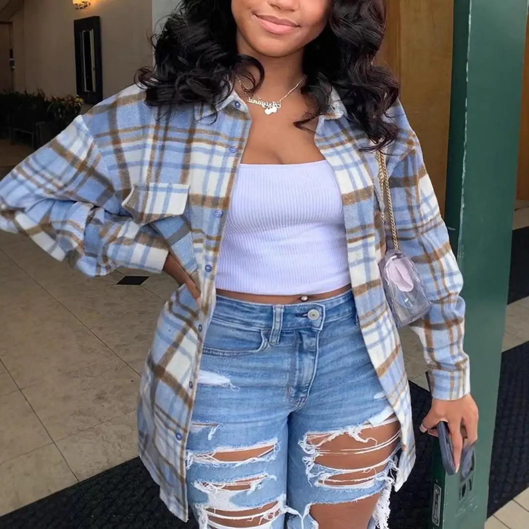 Women's Plaid Nylon irt Pattern Commute Sle Loose Fit Long Sve orm Resistant Faion Autumn Collection