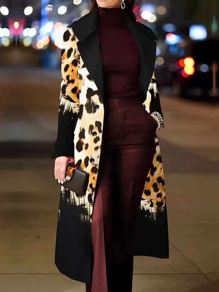 Krismile Leopard Jacket Women Winter Jackets Fall Clothes 2024 Fashion Long Sleeves Loose Leopard Split-Joint Lapel Woolen Coat