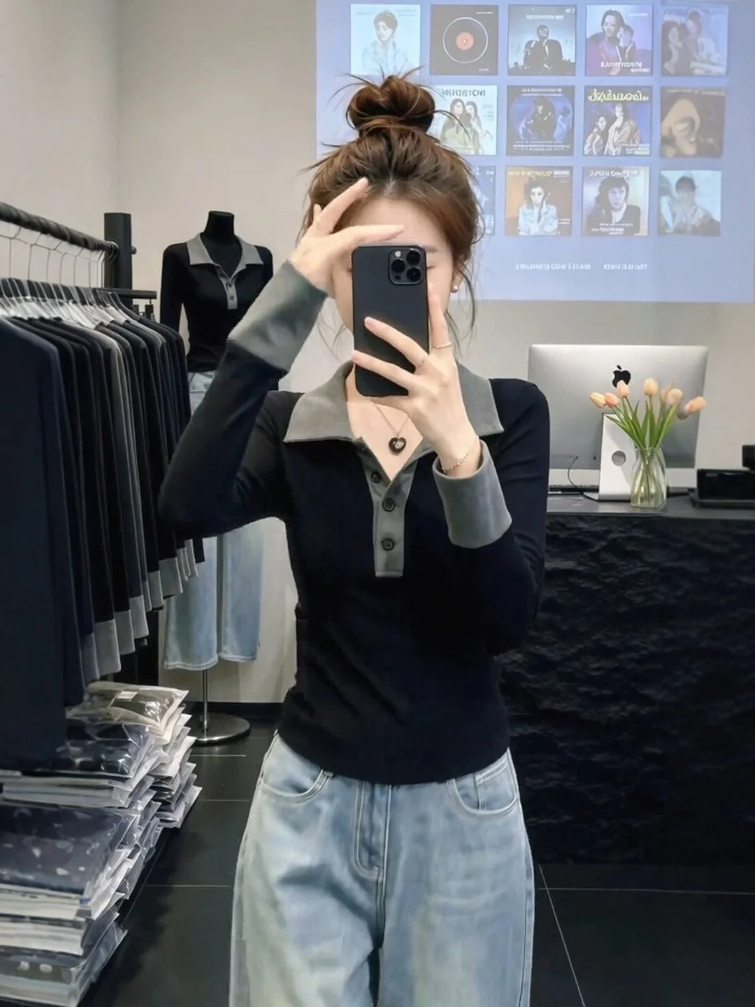 Korean Style Commuter  Neck Long Sleeve Women's T-Shirt Slimming Concealing Autumn plus Size Fat MM Top Creative Pattern