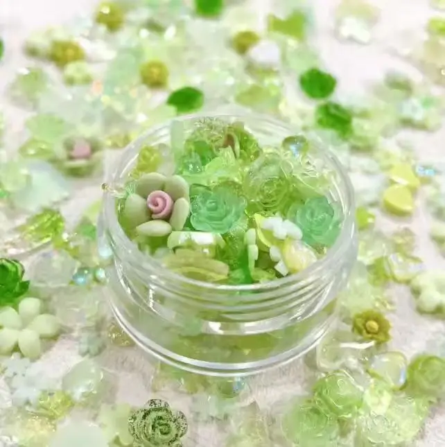 50g Green White Floral Resin Cabochons Mixed Flower Charms DIY Cream Glue Phone Case Hairpin Decor