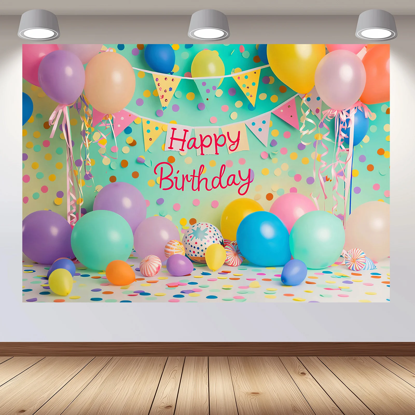 قماش خلفية لكشك الصور لعيد الميلاد السعيد - بالونات لامعة وأنماط كعكة، لحفلات الاحتفال للسيدات #1