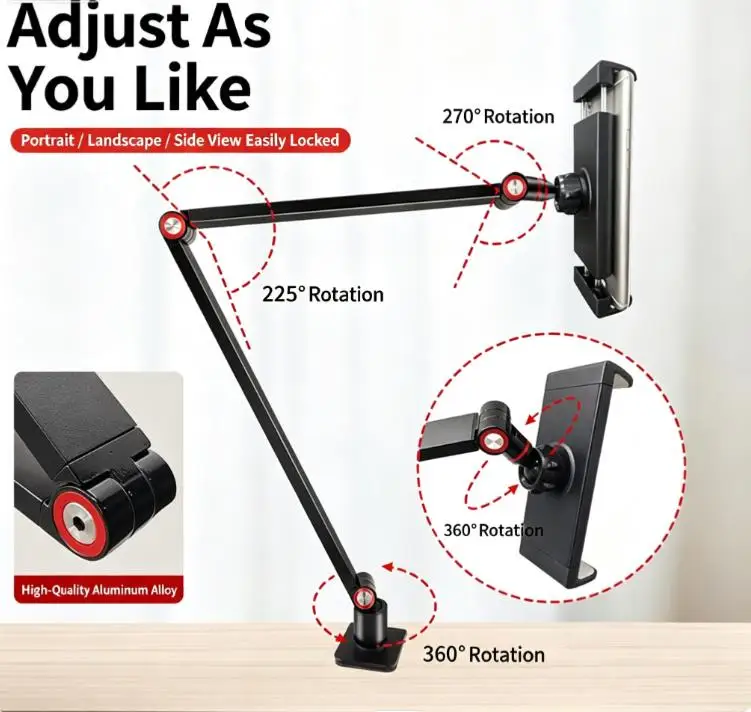 360 ° Adjustable Tablet Phone Stand Rotatable Long Arm Metal Holder for iPad iPhone Xiaomi Huawei Samsung 4-11 Inch New