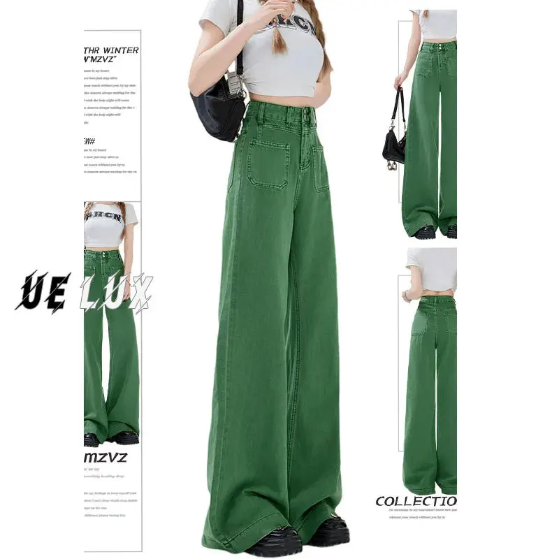 

High Quality Pure Cotton Retro Green High Waisted Jeans Women Winter 2025 New Loose Slimming Straight Floor Length Pants Female