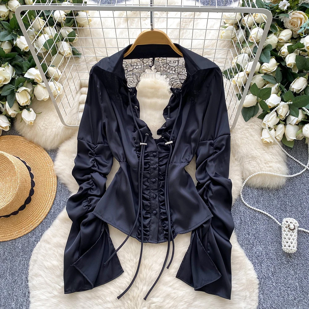 بلوزات متينة على طراز المحكمة العتيق من TWOTWINSTYLE للنساء بياقة على شكل V وأكمام طويلة بدون ظهر مقسمة قمصان مثيرة للسيدات KBL550144 #2