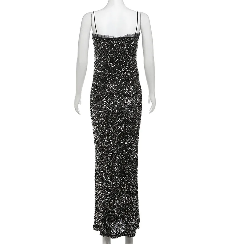 Sequins Paillette Boat Neck Women's Homecoming Dress Spaghetti Strap Backless Bandage Skirt Unique Black Middle Waist Party Gown