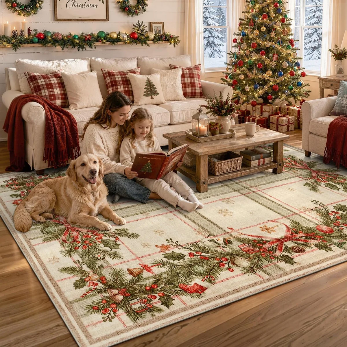 Large 8x10 Christmas Area Rug Beige Plaid Garland Carpet Washable Non Slip Throw Rug for Dining Room Bedroom Home Decor