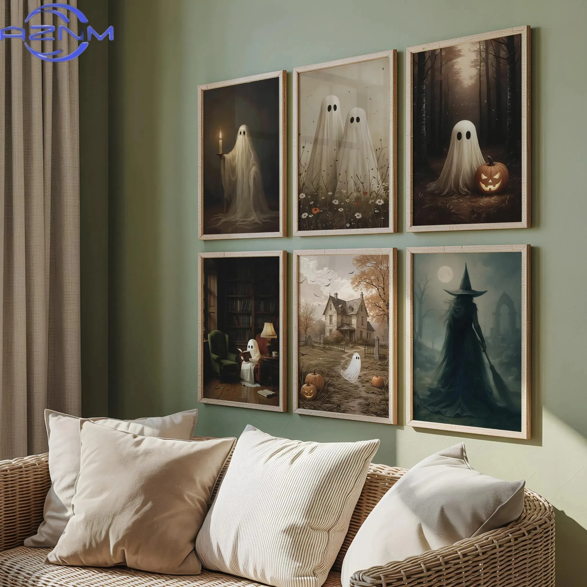 Cute Ghost Holding Candle Canvas Print Halloween Witch Autumn Landscape Wall Art Poster for Modern Living Room Home Decor Gifts