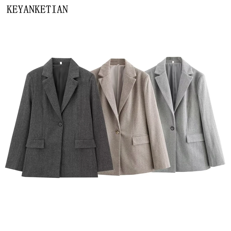 KEYANKETIAN Autumn/Winter New Women's Herringbone Wool Suit Coat Office Lady One-Button Flap Pockets Slim Thick Cropped Blazer