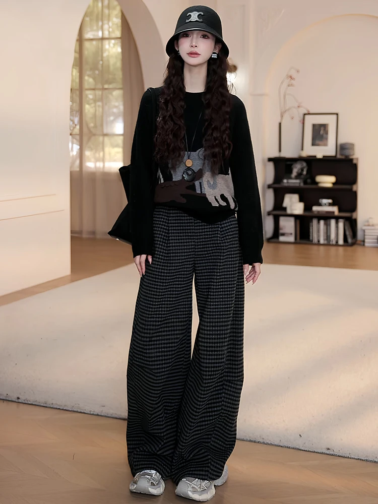 

Женский зимний вязаный свитер с высокой талией, широкие брюки, комплект из двух предметов, круглый, свободный крой, модный повседневный, термобелье