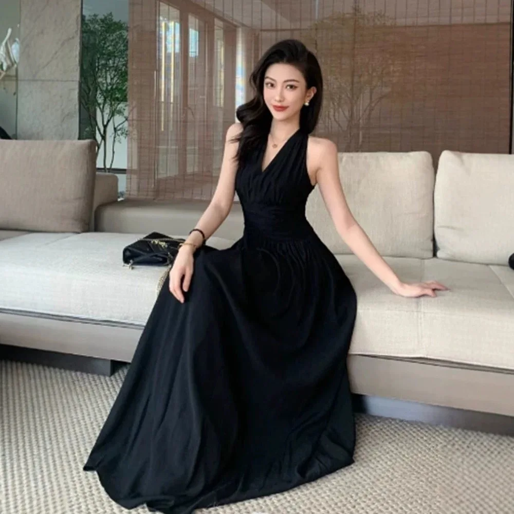 

Women's New Summer White Sleeveless Halter V-neck Long Dress