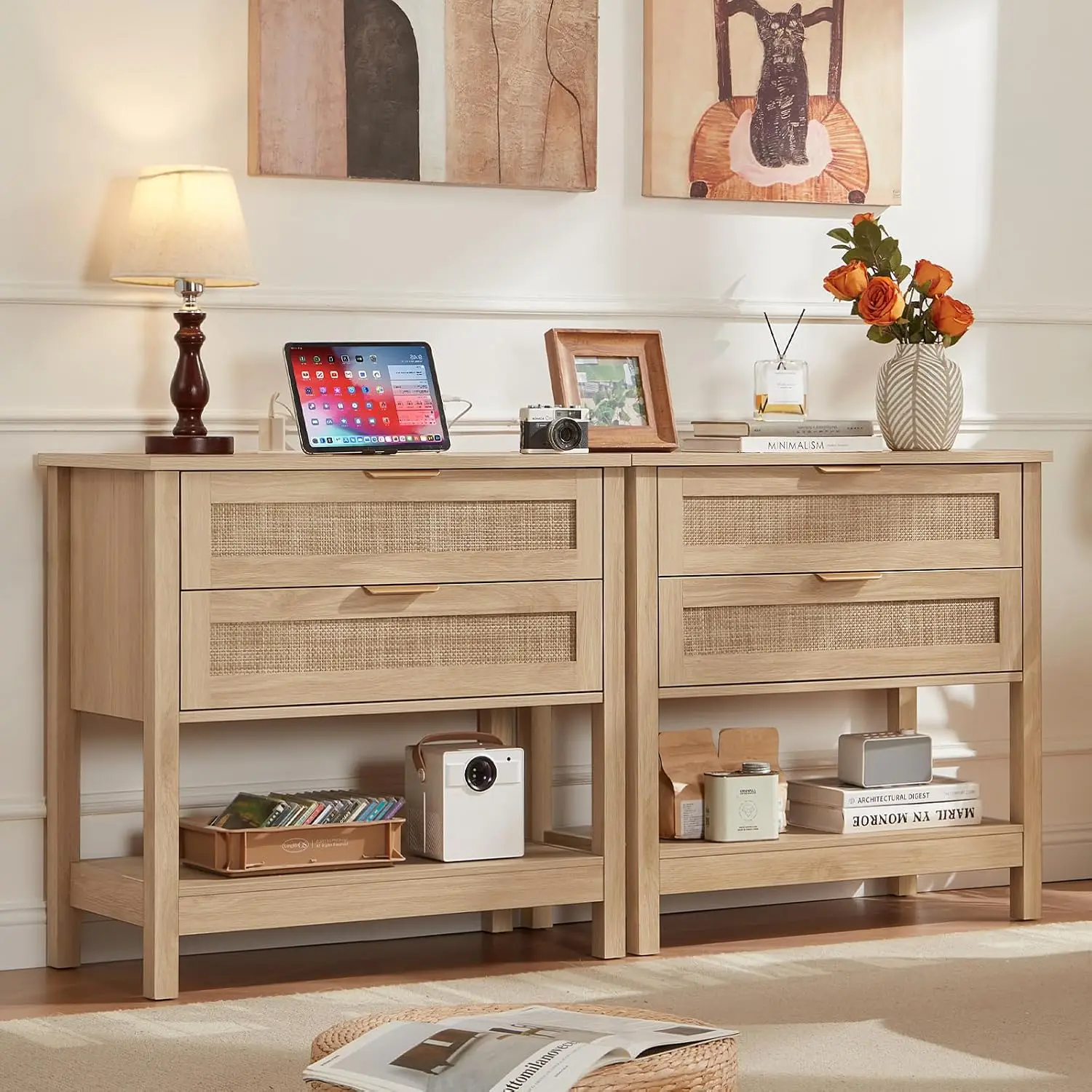 Rattan Nightstand Set 2 with Charger Station & USB Ports, Bedroom Storage End Table, 26.8