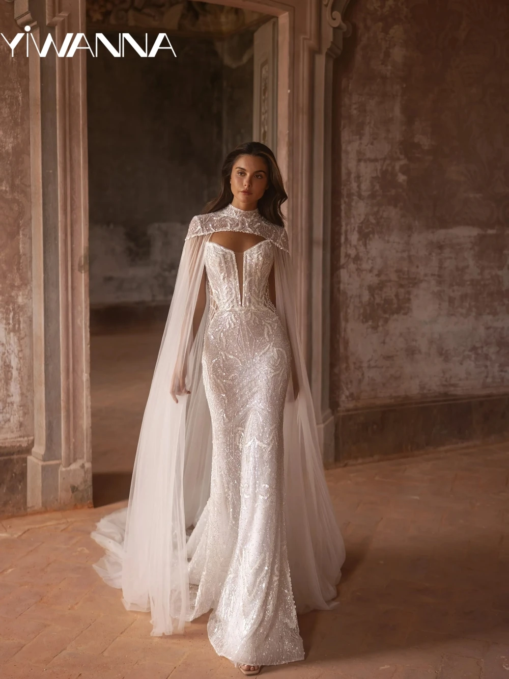 

Opulent Sparkly Beaded Mermaid Long Wedding Dress With Cape Sleeve Elegant V-neck Bridal Gown Customized Dresses For Bride