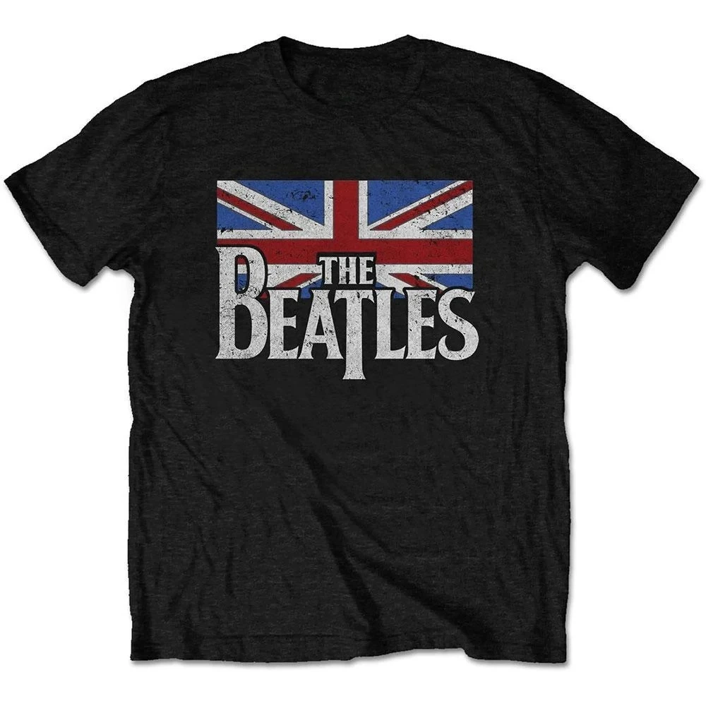 The Beatles Vintage Union Jack Grafik-T-Shirt aus Baumwolle, Unisex, britischer Rock-Stil, Distressed Black Wash, Kurzarm-Oberteil