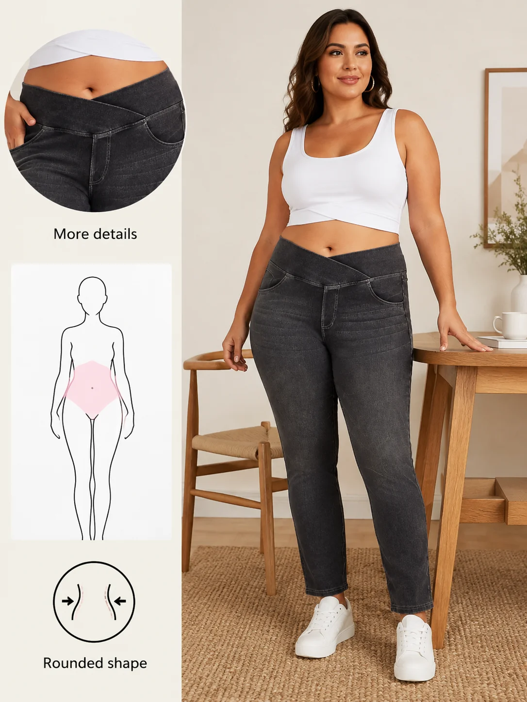 Smoothscape Plus Size Cross Waist Denim Skinny Jeans High Waist Elastic Tummy Control Retro Washed Tapered Women Pants Slim Fit