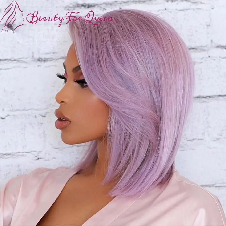 

Светло-фиолетовый прямой короткий парик-боб из бразильских окрашенных человеческих волос, плотность 200%, для косплея, с прозрачным кружевным фронтом 13x4, для женщин
