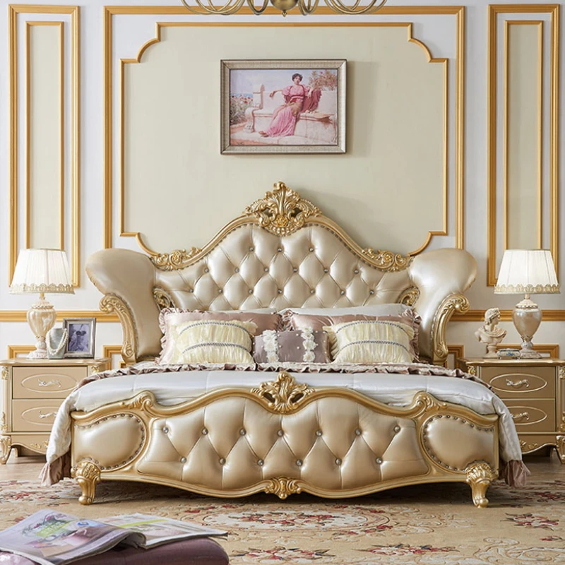 

Modular Gold Double Bed Frame Storage European Style French Princess Wood Queen Bed Frame Bedroom Luxury Cama Casal Furniture