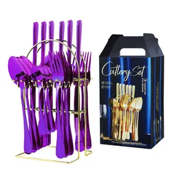 24Pcs Stainless Steel Dinnerware Set Knife Fork Spoon Tableware Flatware Set Festival Kitchen Dinnerware Gift Golden Cutlery Set view 2
