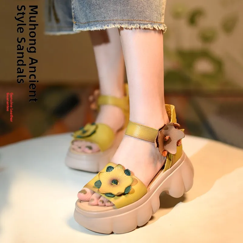 

Genuine Leather Roman Style Thick Heel Women's Sandals Floral Embroidery High Top Retro Shoes Comfortable Breathable Casual L...