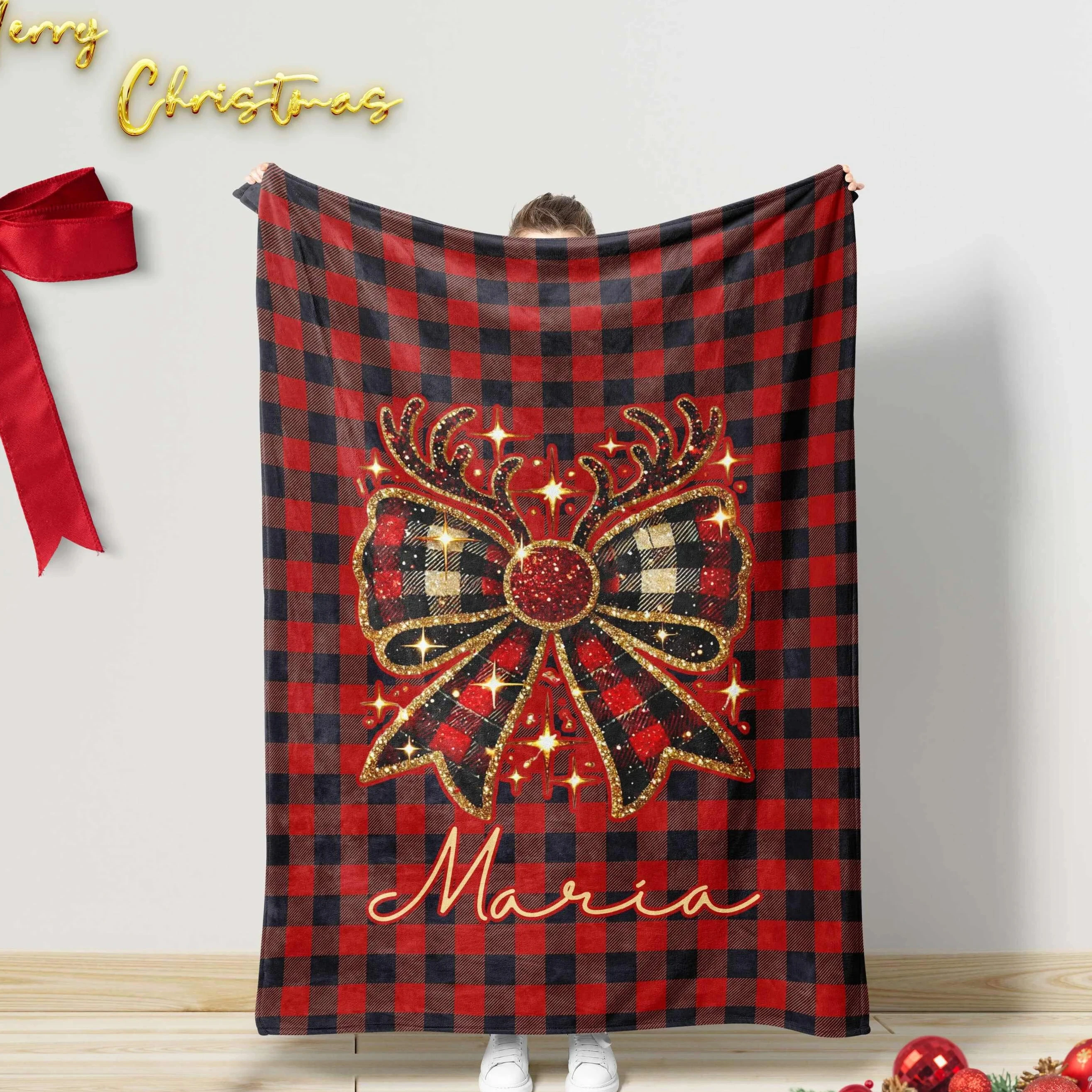 

Festive Blanket Red Black Plaid Glitter Bow Reindeer Design Personalized For Christmas Couch Decor Stylish Warm Durable Quality