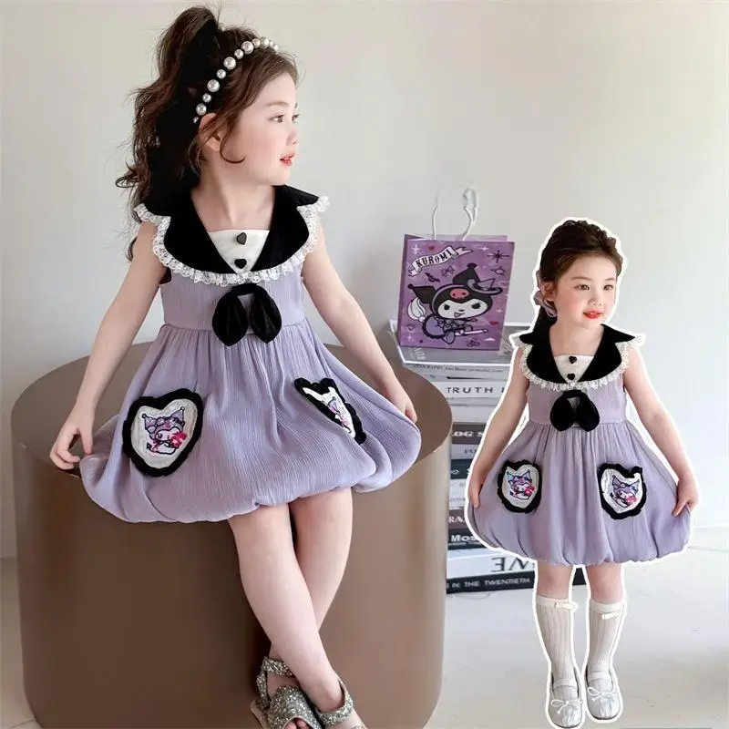 

Платье Sanrios Kuromi для девочек, летнее модное новое стильное платье без рукавов, модный жилет на бретельках с кукольным воротником, милая юбка принцессы для детей
