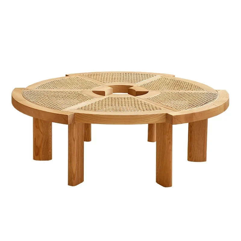 Solid wood rattan coffee table, living room home parquet log homestay round table