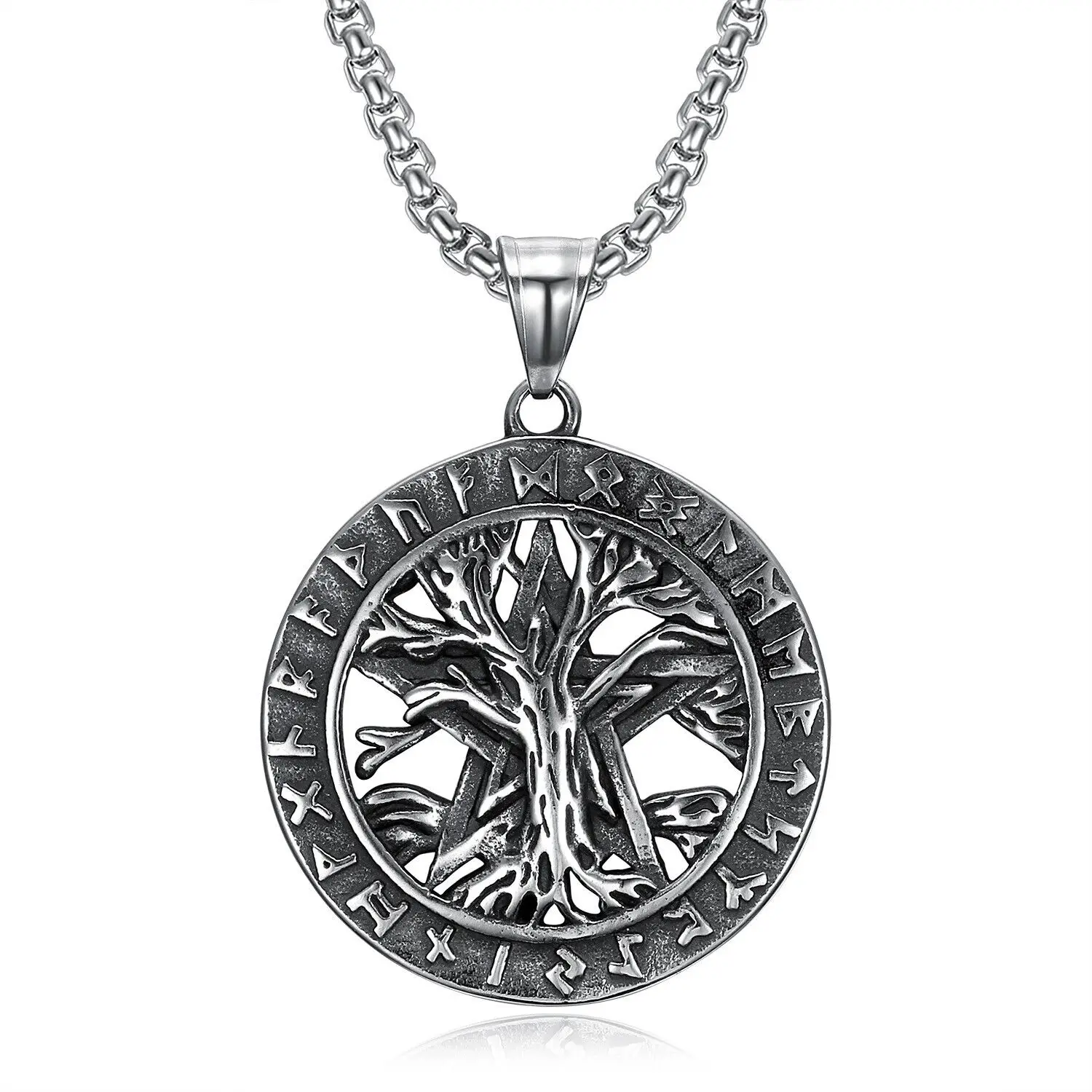 

Viking Rune Celtic Tree of Life Pendant Necklace Stainless Steel Chain Jewelry for Men Women
