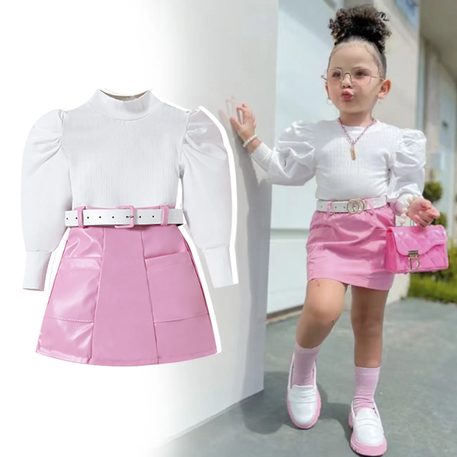 3pcs/set Children\'s Clothing for Baby Girls Fashion Autumn New Suit Puff Sleeve Top+PU Leather Skirt Dress+Belt Kids Clothes