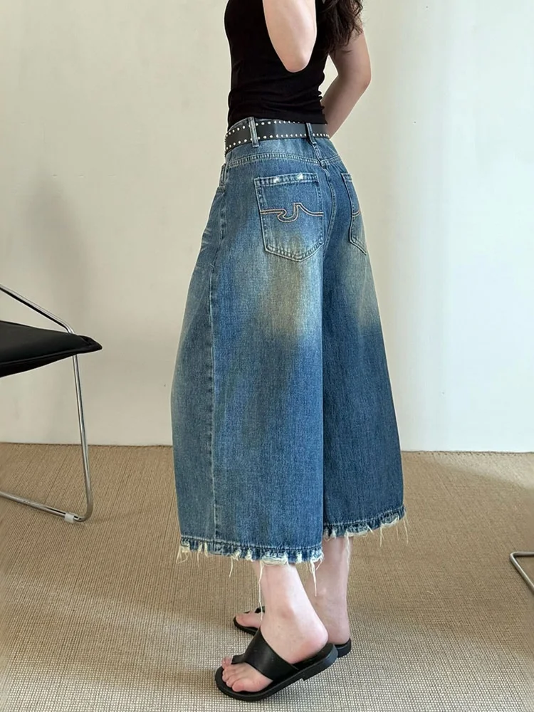 

Retro American Washed Hem Jeans Shorts Women's Summer New Large Size Fat MM Wide Leg Straight mid Pants Casual High Waist