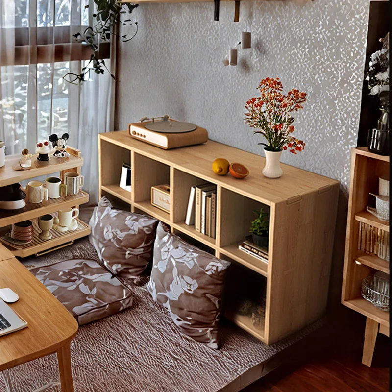 All solid wood bookshelf shelf floor-to-ceiling wall combination lattice cabinet children's living room storage low
