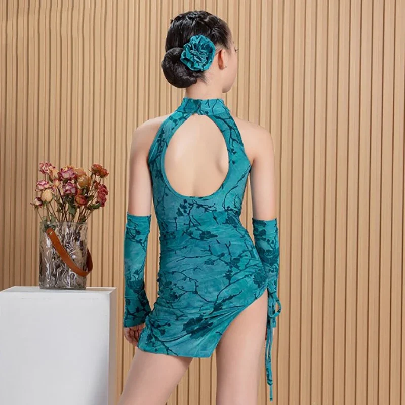 

Kids Girls Latin Dance Cheongsam Chinese Style Backless Bodysuit and Drawstring Skirts Practice Dancewear Competition Costumes