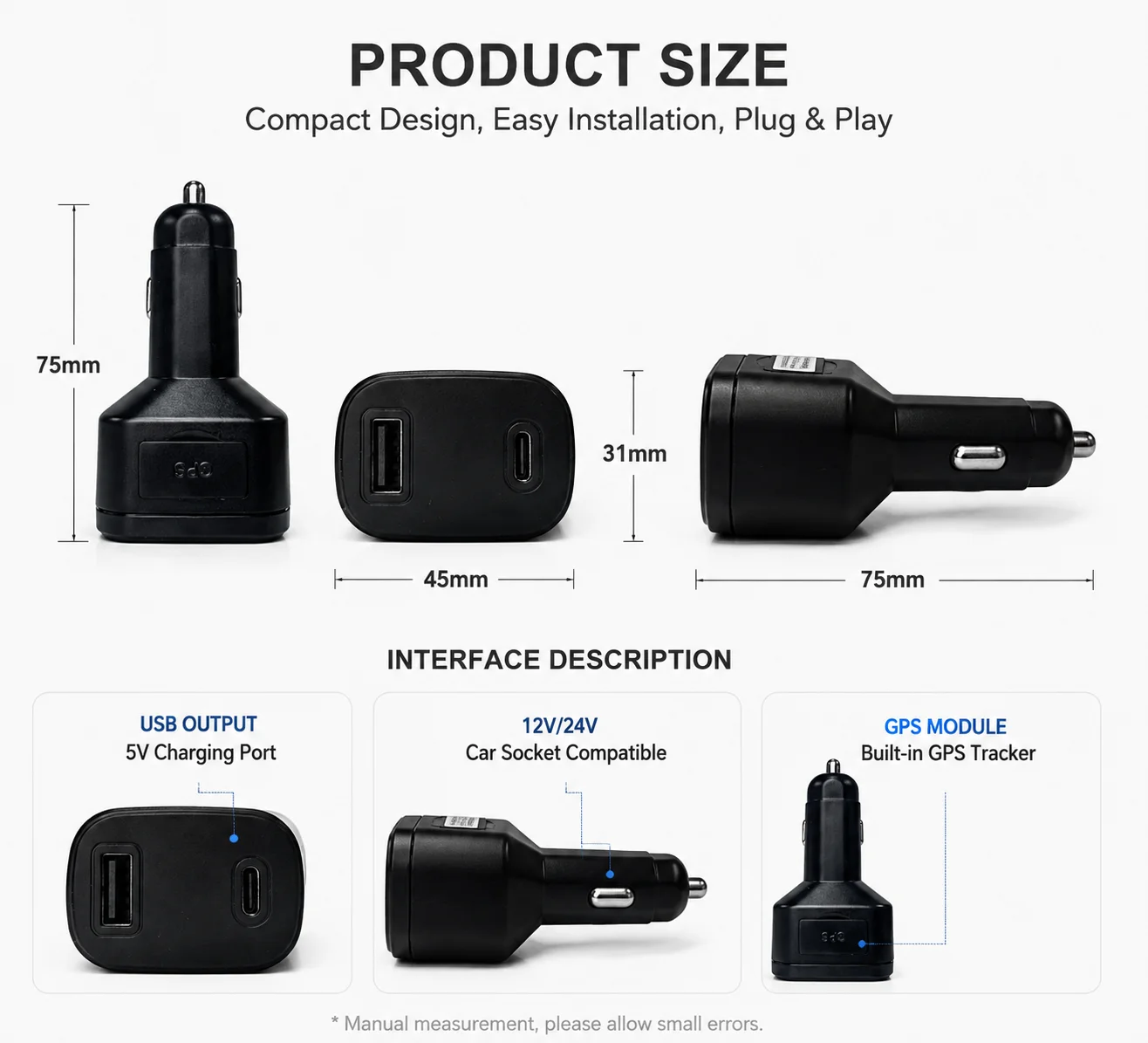 Niuvith GPS Car Tracker Charger Real-Time Vehicle Tracking Smart Alerts Route History USB Charging 12V/24V Free APP