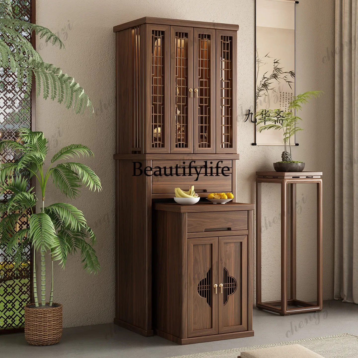 A4567 Song's Aesthetics Nouveau meuble bouddhiste de style chinois, table d'offrande pour Guanyin et les ancêtres, table à encens en bois massif d'orme