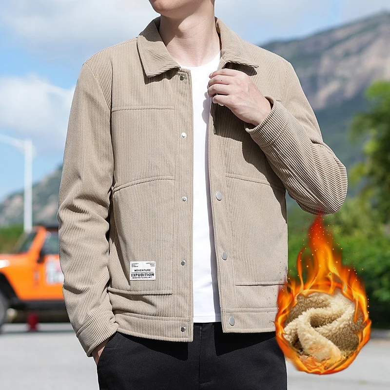 

Men's Casual Corduroy Jaet Windproof Fce Lined Slim Fit Autumn Winter Faion Brand Warmth Coat Button Decoration Polyes...