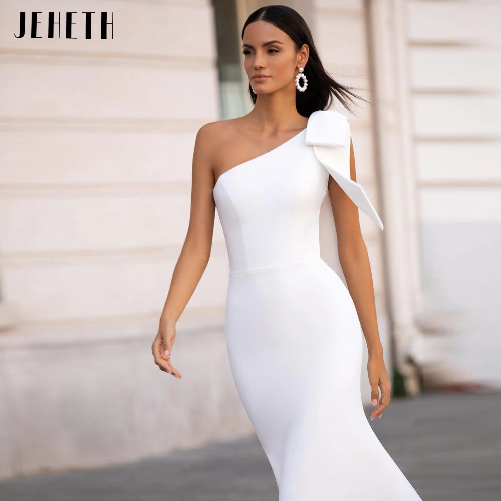 JEHETH One Shoulder Elastic Soft Satin Wedding Dress Mermaid Boho Simple Bride Gown with Bow Vestidos De Novia Robe De Mariée