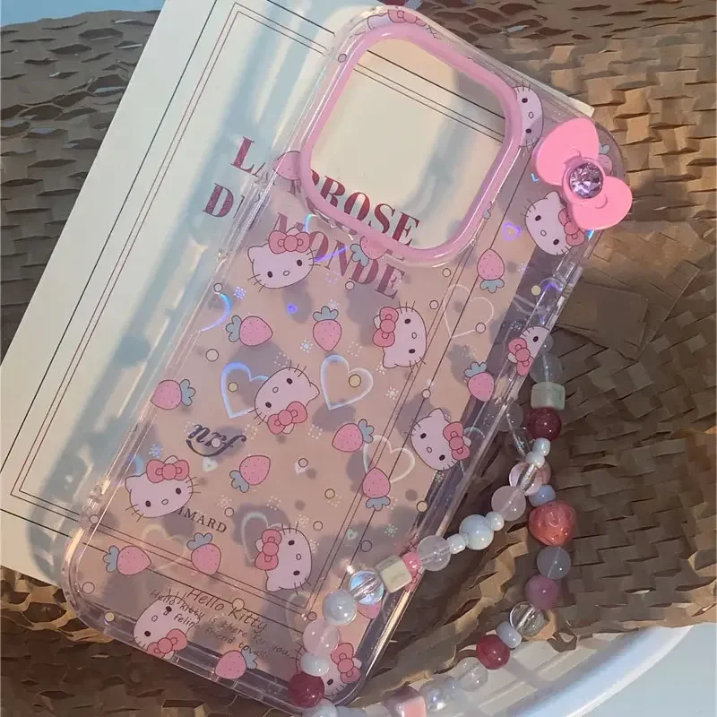 Sanrio-funda de teléfono con soporte de Hello Kitty para iPhone, carcasa con lazo láser para iPhone 16, 15, 14, 12, 13, 11 Pro Max, XR, XS MAX, 7, 8 PLUS, MINI Y2K