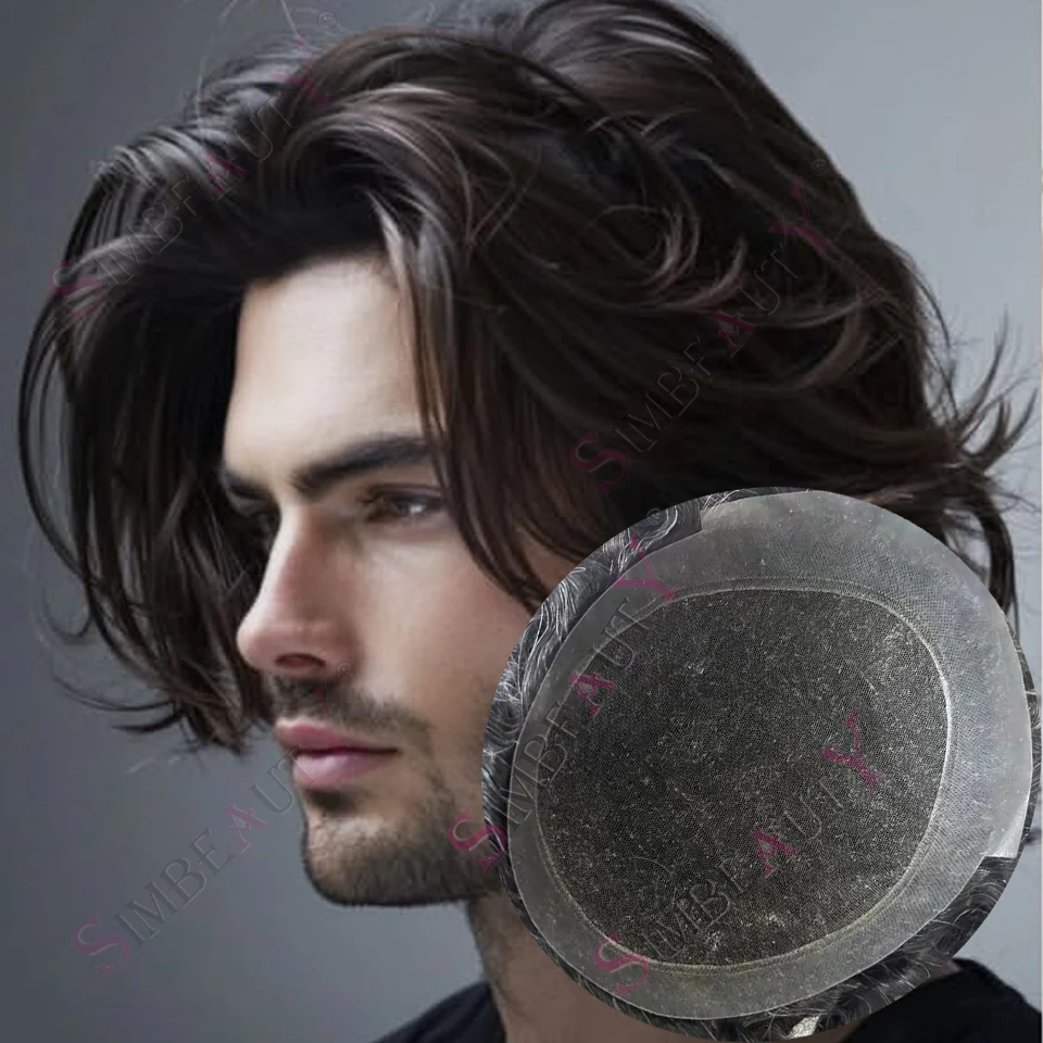 

Invisible Men‘s Australia Swiss Toupee Lace Top PU Around Base Mans Remy Human Hair System #6 #1b50 Grey Brown Natural Hairline