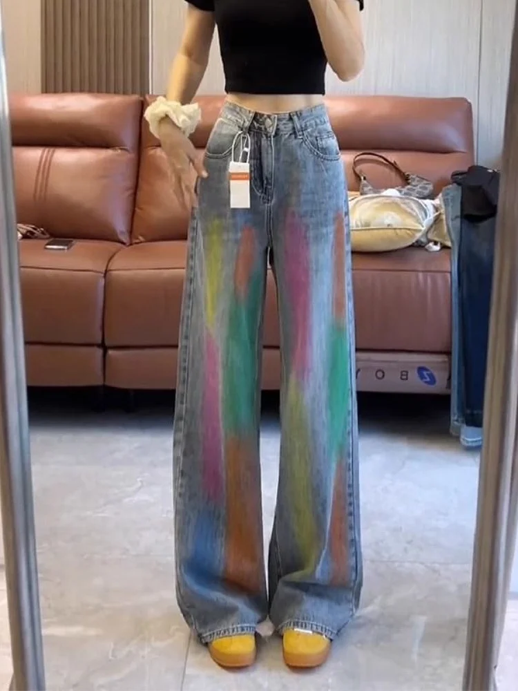 

American Style Retro Rainbow Graffiti High Waist Wide Leg Loose Straight Cut Floor Length Jeans Women's Spring New Arrival