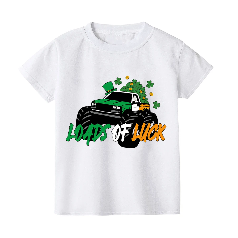 Kids St. Patrick's Day Shirt for Boys Girls Clover T-Shirts Loads of Luck Printed Short Sleeve Tees Truck Pattern Tops 1-12Years