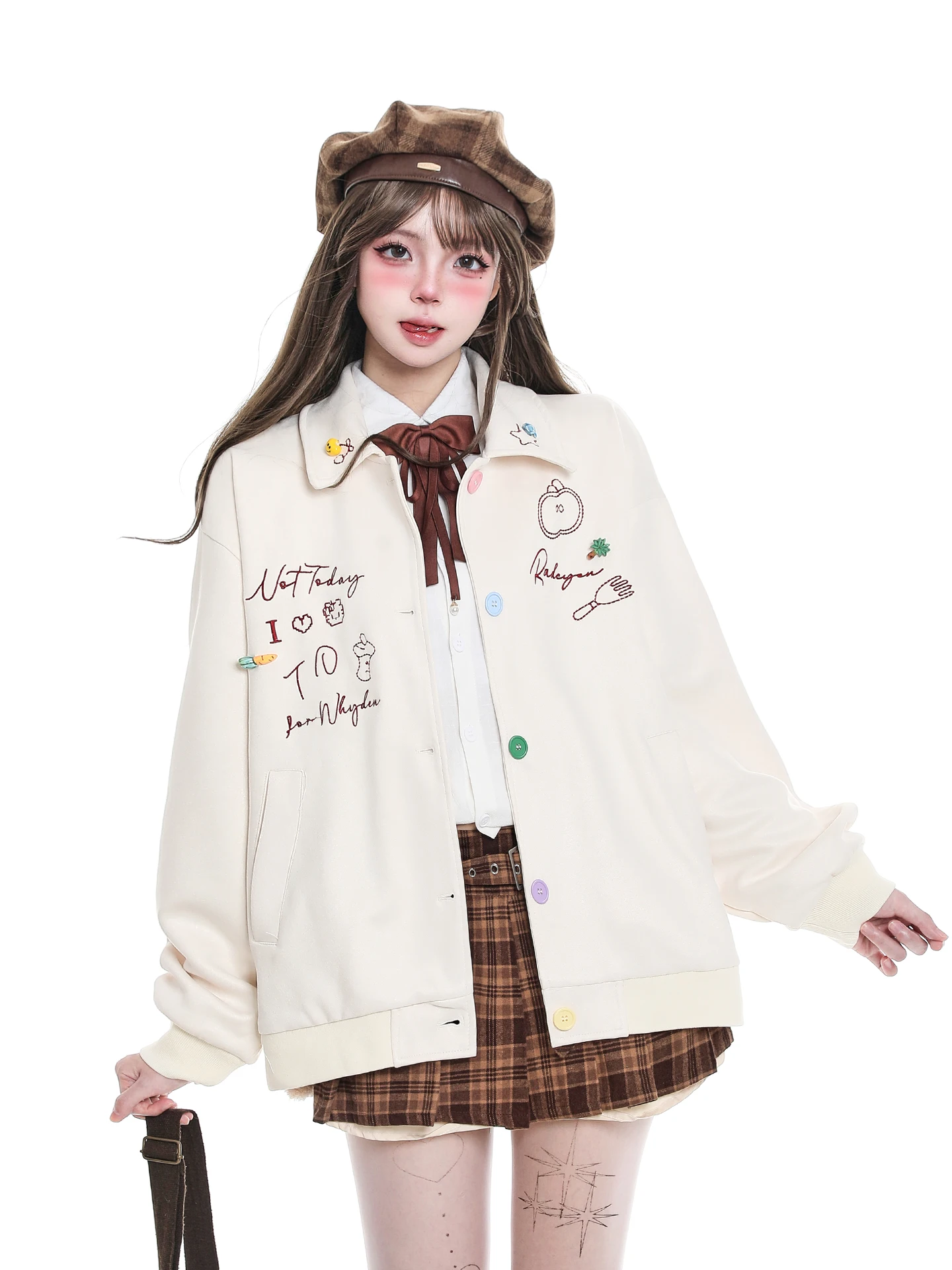 Sweet Youthful  Letter Embroidery Baseball Jacket Loose Fit Collar up Jacket for Women Street Style Polyester Fabric