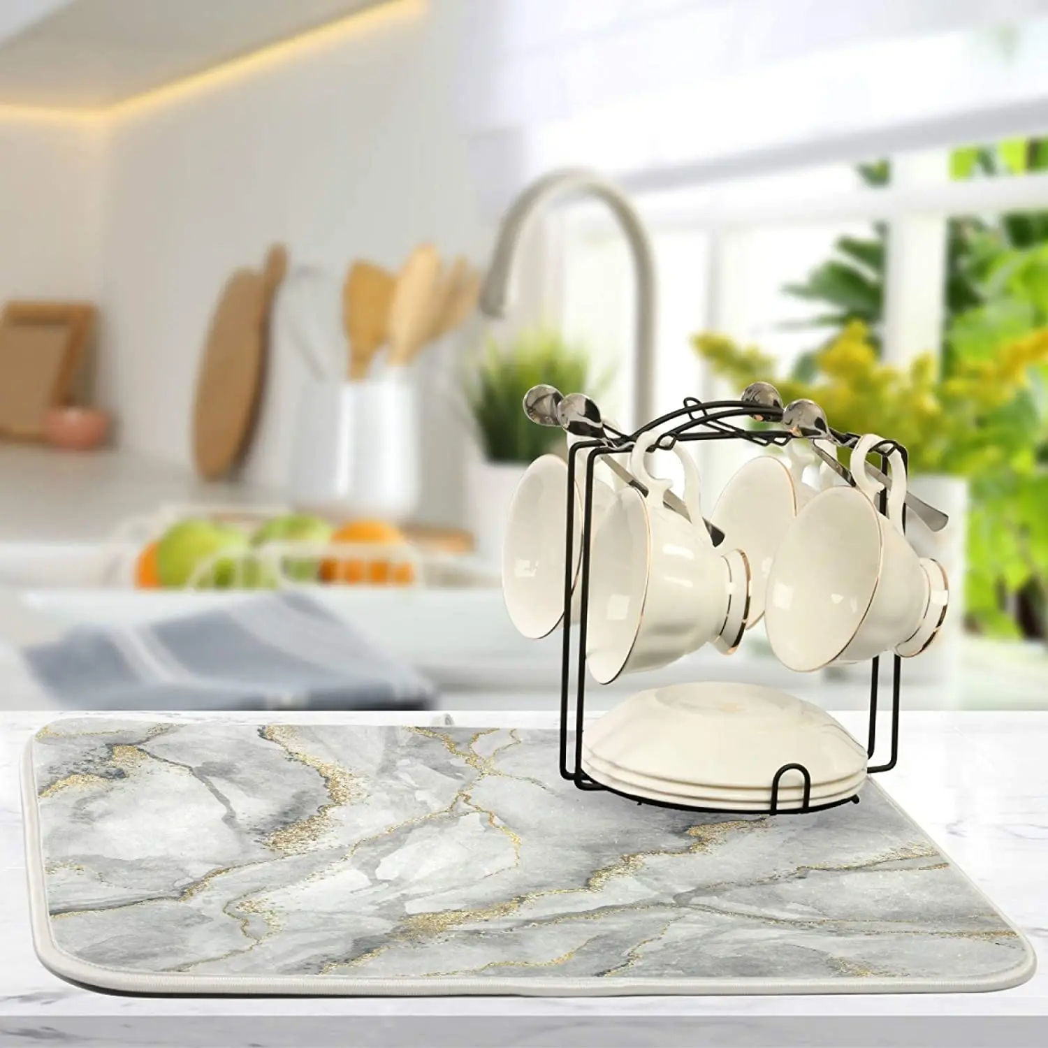 White Marble Dish Drying Mat for Kitchen Counter 18x24in Gold Marbling Granite Absorbent Microfiber Dry Dishes Mats Drainer Mat