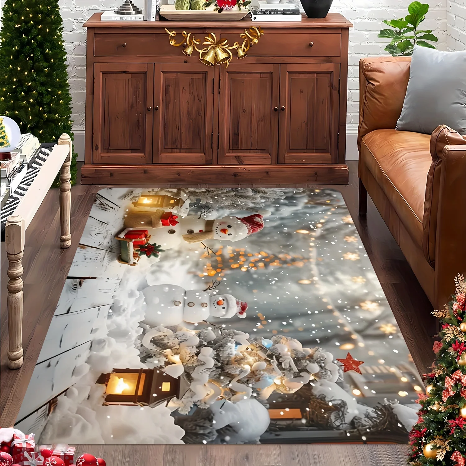 1pc Snowman‑Falling‑Snow‑Pattern Rectangular Area Rug, Indoor & Outdoor Floor Mat for Living‑Room Coffee Table, Bedroom