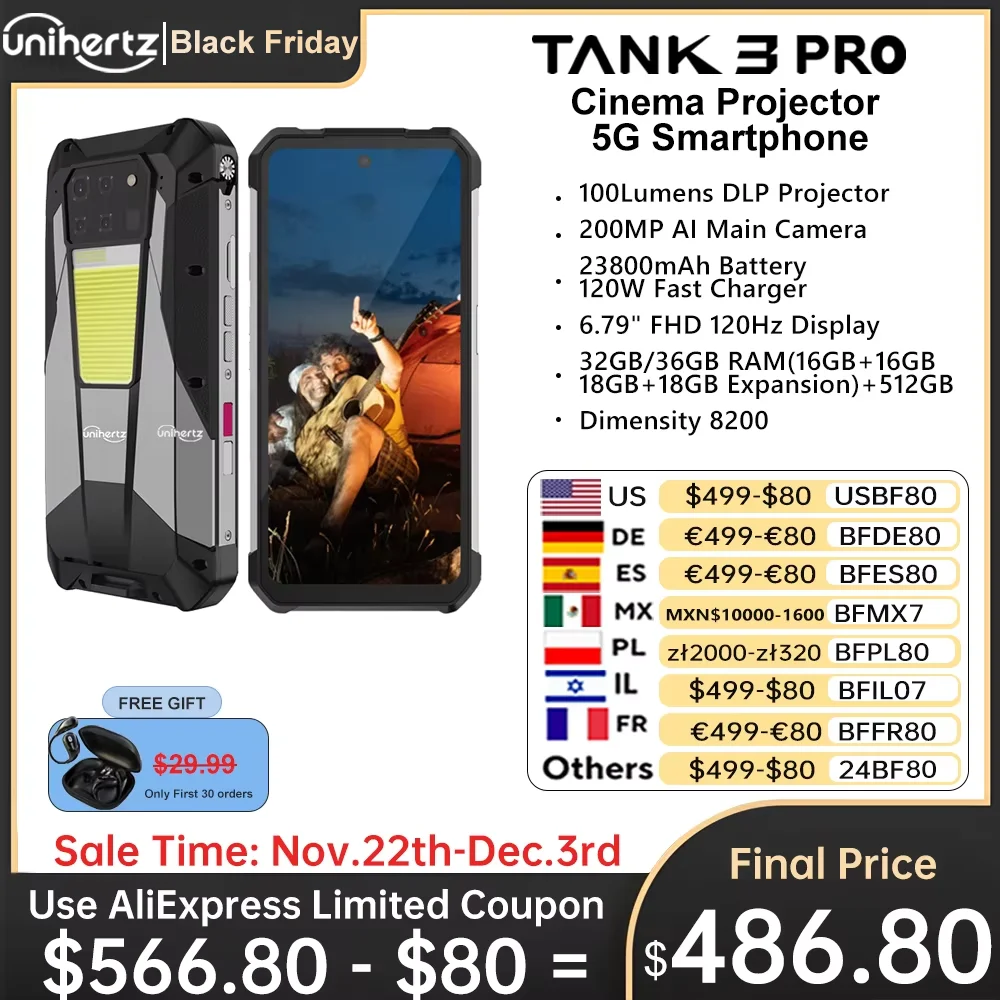 Unihertz Tank 3 Pro 8849 Rugged 5G Smartphone Android with 100 Lumens Projector 32GB 512GB 23800mAh 6.79