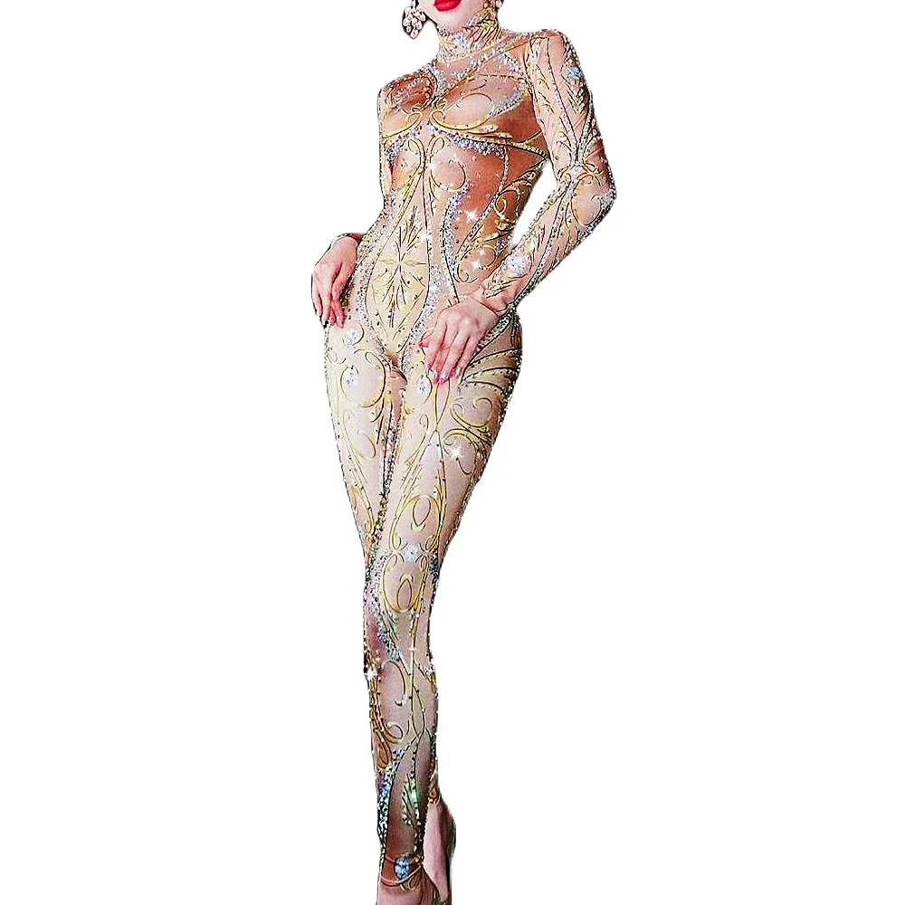 Gold Sparkly Rhinestone Floral Print Women Jumpsuit Long Sleeve Stretch Tight Body Suits Nightclub Dance Wear Pole Outfit